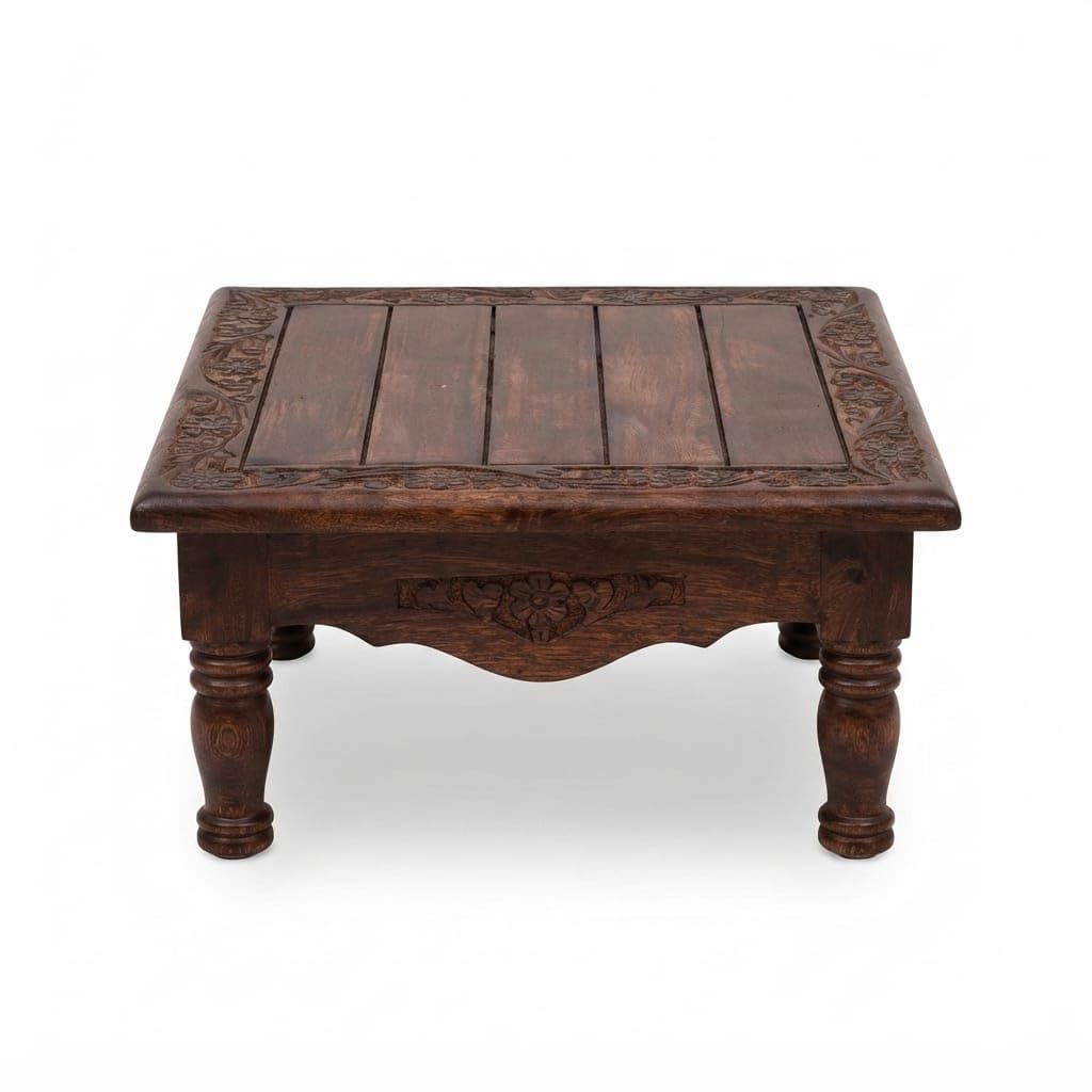 solid wood handcrafted chowki for puja | decorative wooden pooja stand | multipurpose table for home decor, plant stand & side table | brown (12 x 12 x 7 inches)