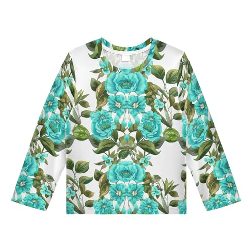 DOMIKING Rose Blossom Foliage White Boys Long Sleeve Rashguard Shirt Kids Quick Dry Swim Shirt for Beach Pool Sport 9-10T