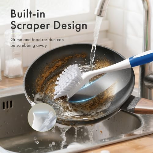 Image of Amazer Dish Brush with Handle, 2 Pack Kitchen Scrub Brushes with Built-in Scraper for Cleaning, Dish Scrubber with Stiff Bristles for Sink, Pots, Pans (Blue+Blue)