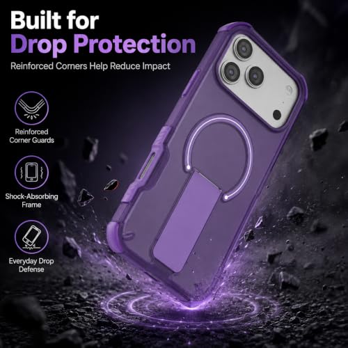 Image of MagA Case with Stand for Apple iPhone 17 Pro Max MagSafe Compatible, Rugged Hybrid Cover, Shockproof Armor, Scratch Resistant, Hard Polycarbonate Back, Soft TPU Bumper Translucent Matte Purple