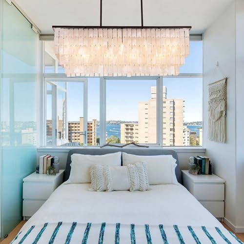 TOCHIC Capiz Shell Chandelier, 9 Lights Coastal Chandelier Light Fixture, Modern Black Boho Chandeliers for Dining Room, Rectangular Shell Pendant Light for Living Room, Kitchen Island, 3 Tiers, 40" L - Image 5