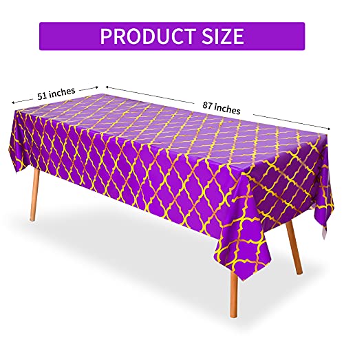 Lecpeting 2 Pcs Arabian Tablecloth Purple Gold Lattice Plastic Table Covers 87 x 51 Inches Arabian Nights Themed Party Decorations for Birthday Party Supplies