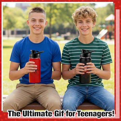 Image of Bokon 2 Pcs Spider Water Bottle with Straw Lid 16 oz Insulated Red Black Stainless Steel 18 /8 Spiderweb Vacuum Cups Tumbler for Travel Outdoor Family Friend Gifts, Leak Proof Lid Design (Classic)