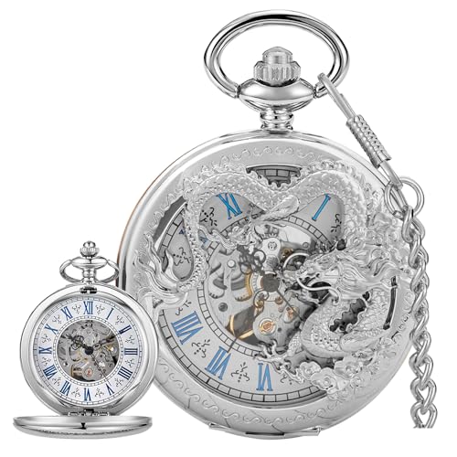 Image of Men's Mechanical Hollow Design Hand Wind Pocket Watch Roman Numerals Steampunk with Chain Box