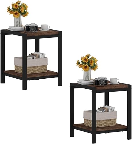 Miniatura 10 de BON AUGURE Mesa auxiliar, mesa auxiliar para sala de estar, mesita de noche pequeña con estante de almacenamiento de 2 niveles, mesitas de noche