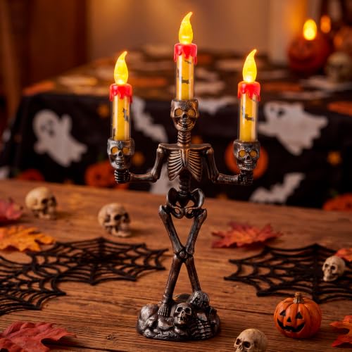Image of JOYIN 2 Pcs Halloween Skeleton Candelabra Decorations, Light Up Haunted Candelabra Decor with LED Flameless Candles, Skull Candles Holder Flickering Glow Tabletop Decor for Indoor Haunted House