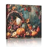 秋の収穫キャンバスプリントカボチャの松ぼっくりと秋の葉のウォールアート素朴な農家の壁の装飾は、すぐに吊るす準備ができていますダイニングルームの家の装飾55x55cmインナーフレーム