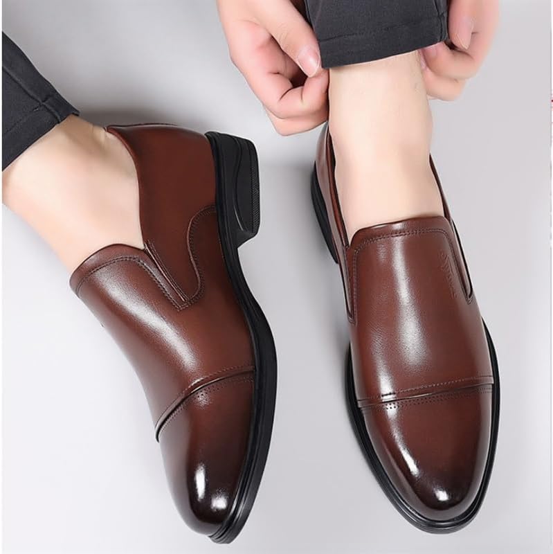 Men's Leather Low Heel Business Dress Shoes Fashion Slip-On Dress Loafers Non-Slip Rubber Soft Sole Comfortable Wedding Office Shoes