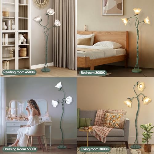 Image of Vintage 3 Heads Flower Floor Lamp with Adjustable Gooseneck Corner Standing Tall Floor Lamp 3 Color Modes for Living Room Bedroom Reading Decoration Vine Floral Lamp with Lily of The Valley
