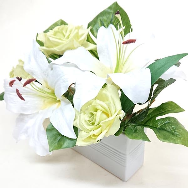 Amazon｜カサブランカ ローズ モンステラ 造花 フラワーアレンジメント