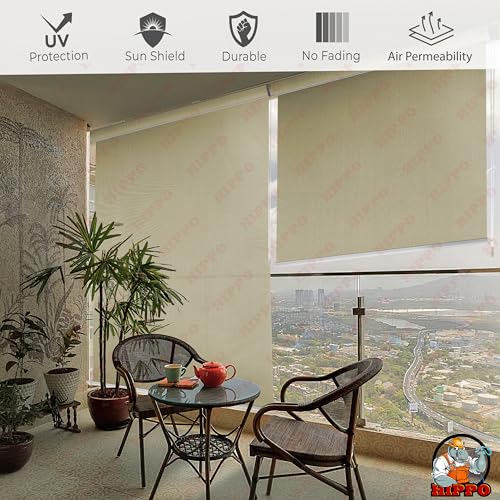 Image of HIPPO 180 GSM HDPE Outdoor Balcony Roller Blind, UV & Dust Protection Corded Roll Up and Down Light Filtering Blinds for Garden (Ivory, 4FTX5FT)
