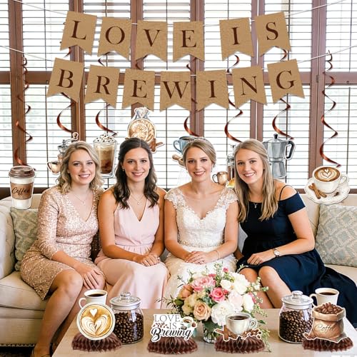Image of Love Is Brewing Bridal Shower Decorations, Coffee Bridal Shower Banners with Hanging Swirls Party Decoration, Martini Themed Honeycomb Centerpieces Decor for Wedding