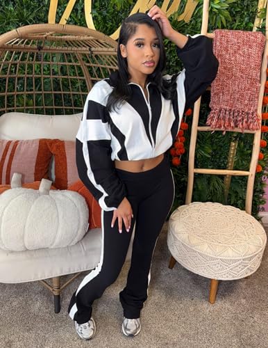 Women's 80s Color Block Tracksuit 2 Piece Outfit Zip Up Crop Jacket and Bodycon Pants Set Long Sleeve Sweatsuit2