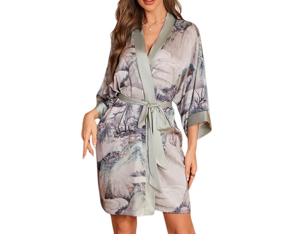 Bata de Satén para Mujer - Albornoces Kimono de Seda Ligero de Verano con Cuello en V y Estampado de Árboles Verdes de Montaña - Albornoz para Dama de Honor de Boda