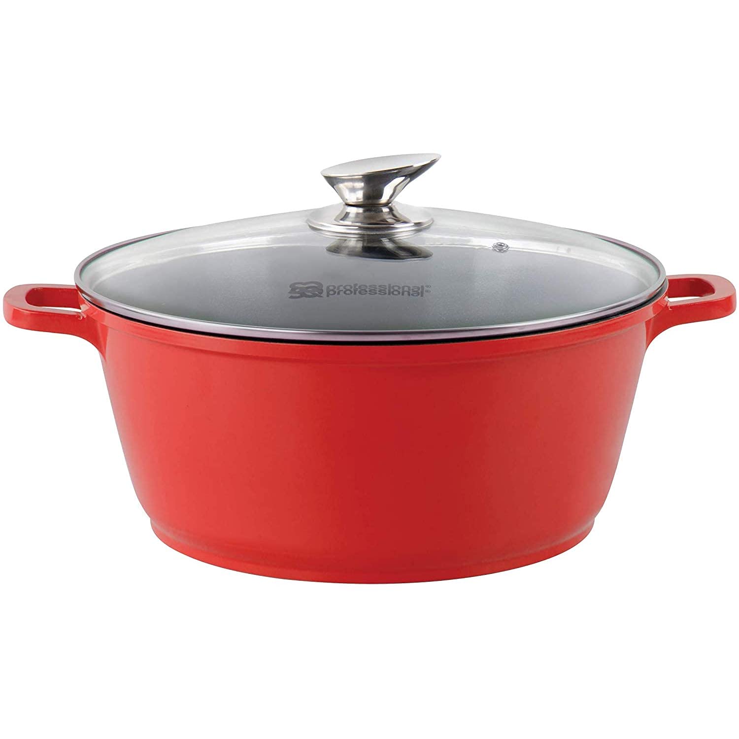 NEA Die-Cast Aluminium Stockpot 3-Layer Non-Stick Coating Stew Pots Induction Casserole Pan Tempered Glass Lid with Steam Vent (Red, 32cm)
