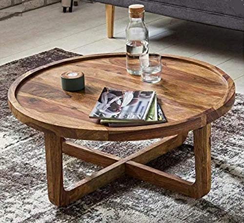 Image of Solid Sheesham Wood Round Center Coffee Table for Living Room Tea Table Furniture for Home I Natural Teak Finish