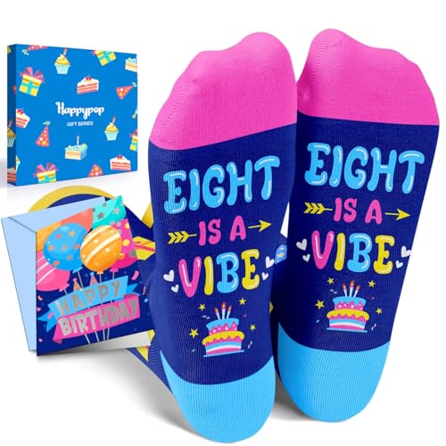 HAPPYPOP 8th Birthday Gifts Ideas Socks - Gifts for Girls Boys Age 8, Presents for Eight Year Old with Greeting Card