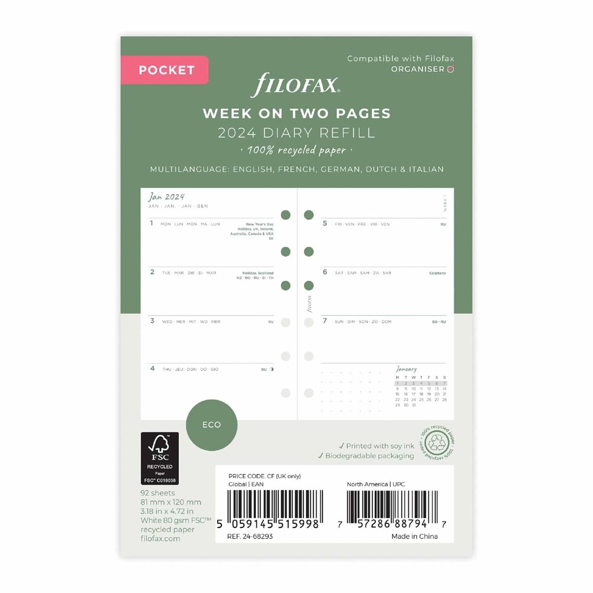 Filofax Pocket Eco Week on Two Pages 2024 diary with tabs,White