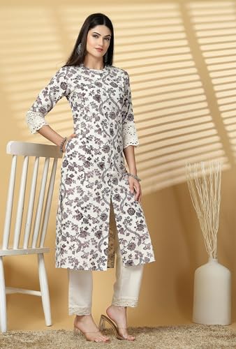 Image of Pistaa's Women's Cotton Regular Fit A Line Regular A-Line Printed Cutwork Sleeve Kurta