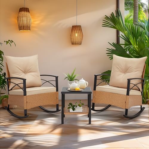 MELLCOM 3 Pcs Patio Furniture Set, Outdoor Rocking Chair with Thi...