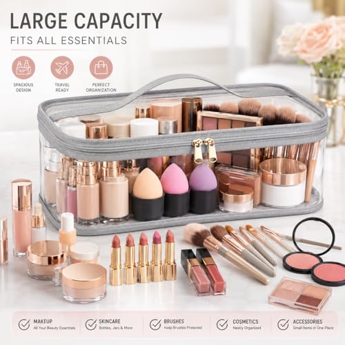 Image of RAAHII 2 Piece Transparent Makeup Organizer Bag for Women | Waterproof PVC Cosmetic Travel Pouch | Vanity & Toiletry Storage for Makeup, Skincare, Brushes & Accessories | Clear Organizer Case