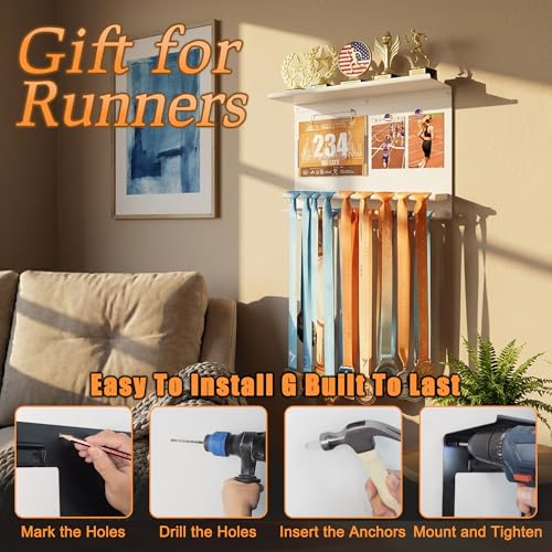 Image of Running Medal Hanger Display with Trophy Shelf, Race Bib Holder and Whiteboard, 2-Bar Medal Holder for 50+ Medals with Flag Magnets, Marker, Wall Mounted, White
