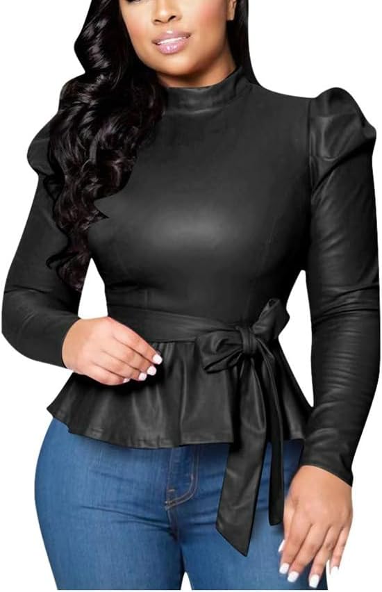 Damen Slim Fit Schößchen Tops Vintage Lederbluse Hemd Slim Fit Schleife Elegante Puffärmel Mock Neck Solide Blusen, Schwarz , Large