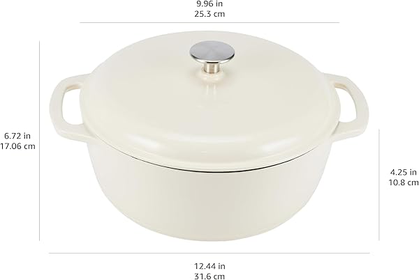 Amazon Basics Cazuela de hierro fundido esmaltado tipo «horno holandés», Redondo, 4.1 L, Blanco - 4