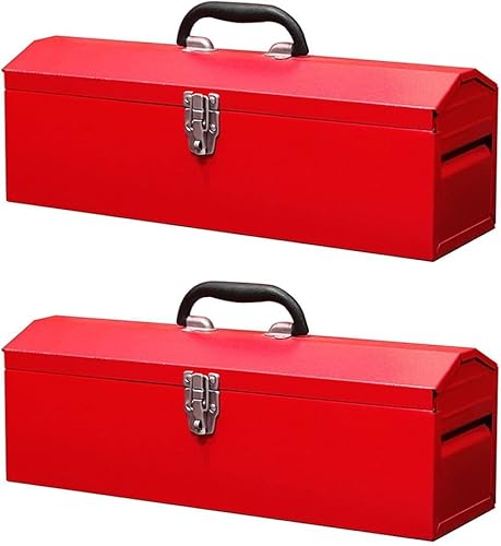 MutsMover Portable Metal Tool Box, Steel Tool Storage Box with Handle, Hip Roof Style Tool Chest with Metal Latch Closure for Workshop, Garage, Home, 19"L x 6"W x 6.5"H, Red, 2-Pack