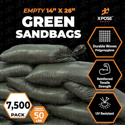 Image of Xpose Safety Heavy Duty Sand Bags with Tie Strings - Empty Woven Polypropylene Sandbags for Hurricane Flood Protection, 50 lb Capacity, 14 inch x 26 inch, Green, Bulk Half Pallet Pack of 7500