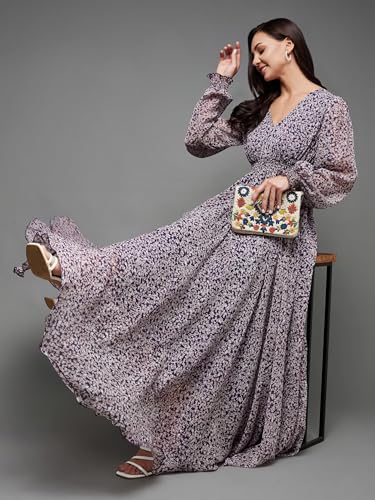 Image of Miss Chase Women's Multicolored-Base-Brown Relaxed Fit Maxi Lurex Chiffon Dress