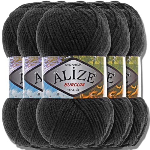 Alize 5 x 100 g Burcum Klasik Classic Turkish Premium Wool, 100% Acrylic Hand Knitting Yarn, Plain, Black | 60