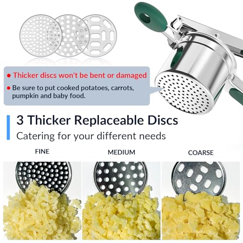 Potato Masher, Potato Ricer Stainless Steel, Efficient Heavy Duty Ricer Kitchen Tool for Fluffy Mashed Potatoes, 3 Replaceable Discs Spaetzle Press with Silicone Grip for Gnocchi Lefse Spinach - Thumbnail 4