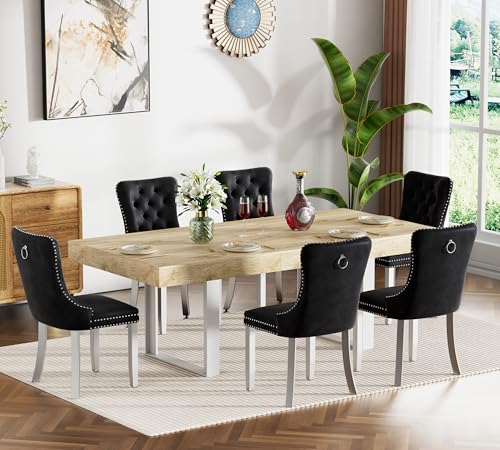 Image of Oak Dining Room Table Set for 6, 7-Piece 63 inch-78.74 inch Extendable Dining Table Set with 6 Upholstered Chairs, Rectangle Wooden Expanding Kitchen Table and Black Chairs Set