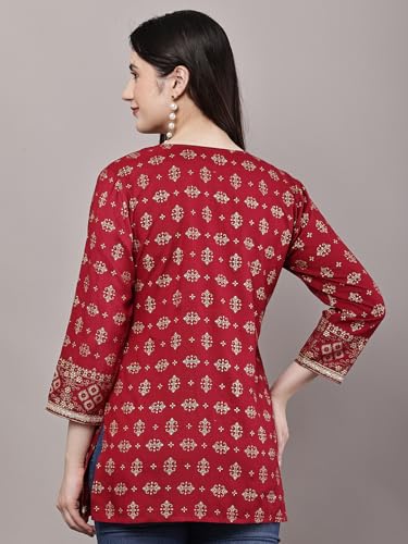 Image of Women's Pink Printed Short Kurti with Lace Trim, 3 /4 Sleeves, Ethnic Indian Style Top