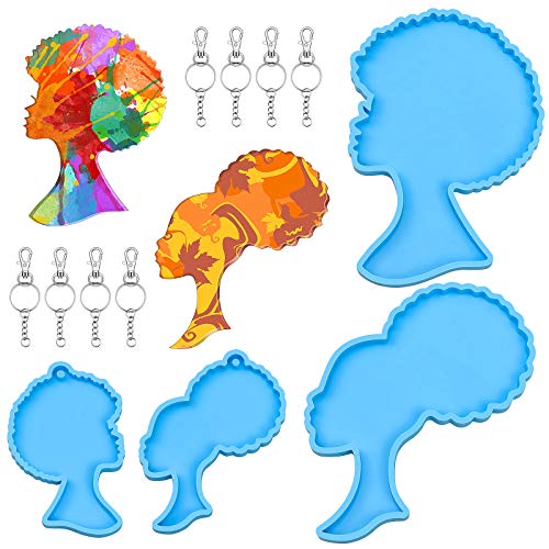 Dreamtop 4 Pieces Afro-Female Head Epoxy Casting Molds Head Beauty Coaster Mold Afro Lady Keychain Resin Mold Women Head Keychain Jewelry Making Mold with 8 Pcs Key Rings(2 Keychain +2 Coaster Mold)
