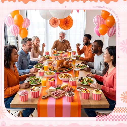 Image of Zopeal 50 Count Orange and Pink Striped Ice Cream Cups Paper Dessert Bowls | 9 oz Disposable Ice Cream Bowls, Birthday Party Supplies, Snack Cups Sundae Picnic Yogurt Bowls for Food