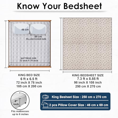 Image of Story@Home King Size Double Bed Sheet 250x270 cm | 300 TC Mist Cotton Bedsheet with 2 Pillow Covers | Soft, Breathable & Hotel Quality | Beige Leaf Grunge Cotton Bedding Set