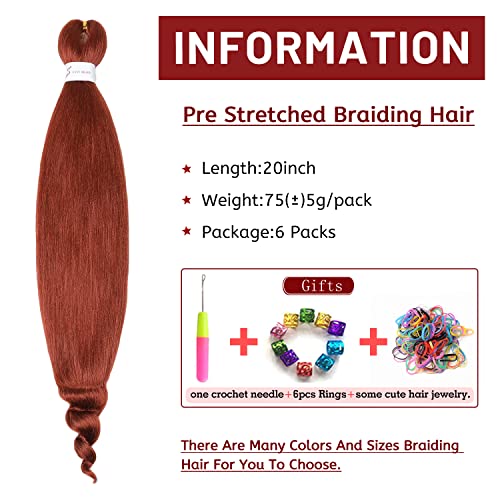 20 Inch Ginger Braiding Hair Pre Stretched Copper Braiding Hair Yaki 6 Packs/Lot Pre Stretched French Curl Braiding Hair Crochet Box Braids With Curly Wavy Ends Synthetic Hair Extensions（20Inch,#350) #TOP1