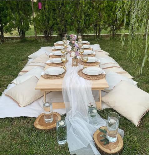 Wooden Boho Table, 30"W x 80"L x13"H-19'', (75x200 h 35 cantimetres) Boho Low Picnic Table,Long Low Picnic Table,Marriage Proposal Table (NATURAL) (FOR 10 PERSON)