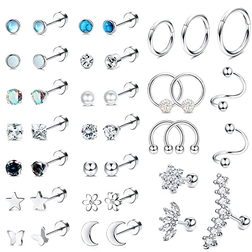 MILACOLATO 20G Pendientes Pequeños Para Mujer Hombre Acero Quirúrgico Zirconia Ópalo Luna Corazón Estrella Cartílago Pendientes Aros Plata Oro Septum Helix Daith Tragus Piercing Oreja Joyería 38/40Pcs Cover