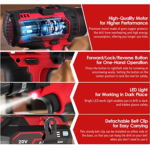 20V Cordless Drill, Power Drill Drivers Set With Battery And Charger, 3 Function(Hammer Drill/Screwdriver/Pointed Drill), Variable Speed, Electric Drill With 42Pcs Bits And Carrying Bag/Clean Brush #TOP2