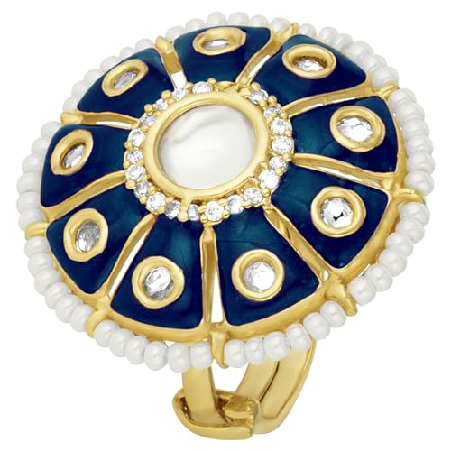 Peora Traditional 18K Gold Plated Original Meena Work Kundan Pearl Adjustable Ring for Women Girls - Image 7