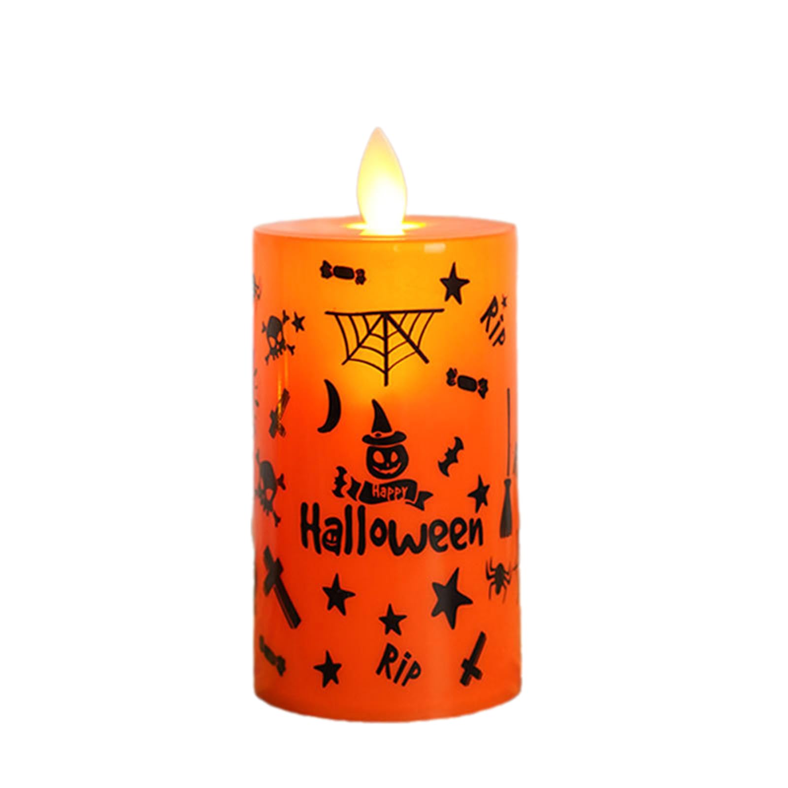 1 Pc Halloween Orange Flameless Candles Battery Operated Wax Candles Graffiti Pattern Electronic Battery Light Flickering Flame LED Electronic Candle Light for Halloween Decor, Day of The Dead, L