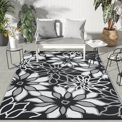 GENIMO Outdoor Rug Waterproof for Patio Decor, 9' x 12' Reversible Plastic Straw Floral Camping Carpet, Large Area Rugs Mats for RV, Camper, Deck, Balcony, Porch, Beach, Picnic, Black & Whit