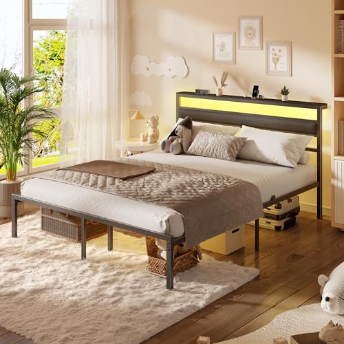Image of Ourpic Queen Bed Frame with Led Lights and Charging Station, Bed Queen Size Frame with Headboard and Under Bed Storage, Black Metal Platform Bedframe and Storage Shelf, Easy Install