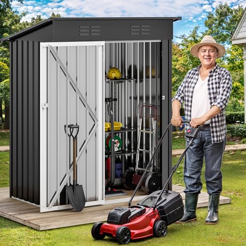 Image of DWVO Metal Outdoor Storage Shed 5x3ft, Lockable Tool Sheds Storage with Air Vent for Garden, Patio, Lawn to Store Garbage Can, Lawnmower, Dark Gray