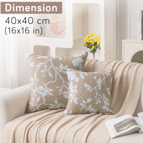 Image of HOKIPO 'Elira Series' Printed Quilted Cushion Cover for Sofa 16x16 Inches, Set of 2, Buff Brown Sillehoute Floral (AR-6231-C7*2)