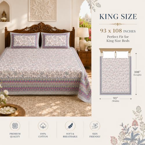 Image of 100% Pure Cotton King Size Double Bedsheet with 2 Pillow Covers | Traditional Mandala Print Cotton Double Bedsheet for King Size Bed (93 x 108 Inches)