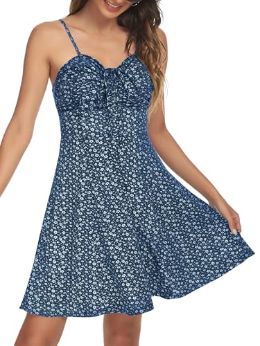 Image of Missufe Spaghetti Strap Floral Mini Dress Women's Casual Ruched Front Drawstring Swing Sundress